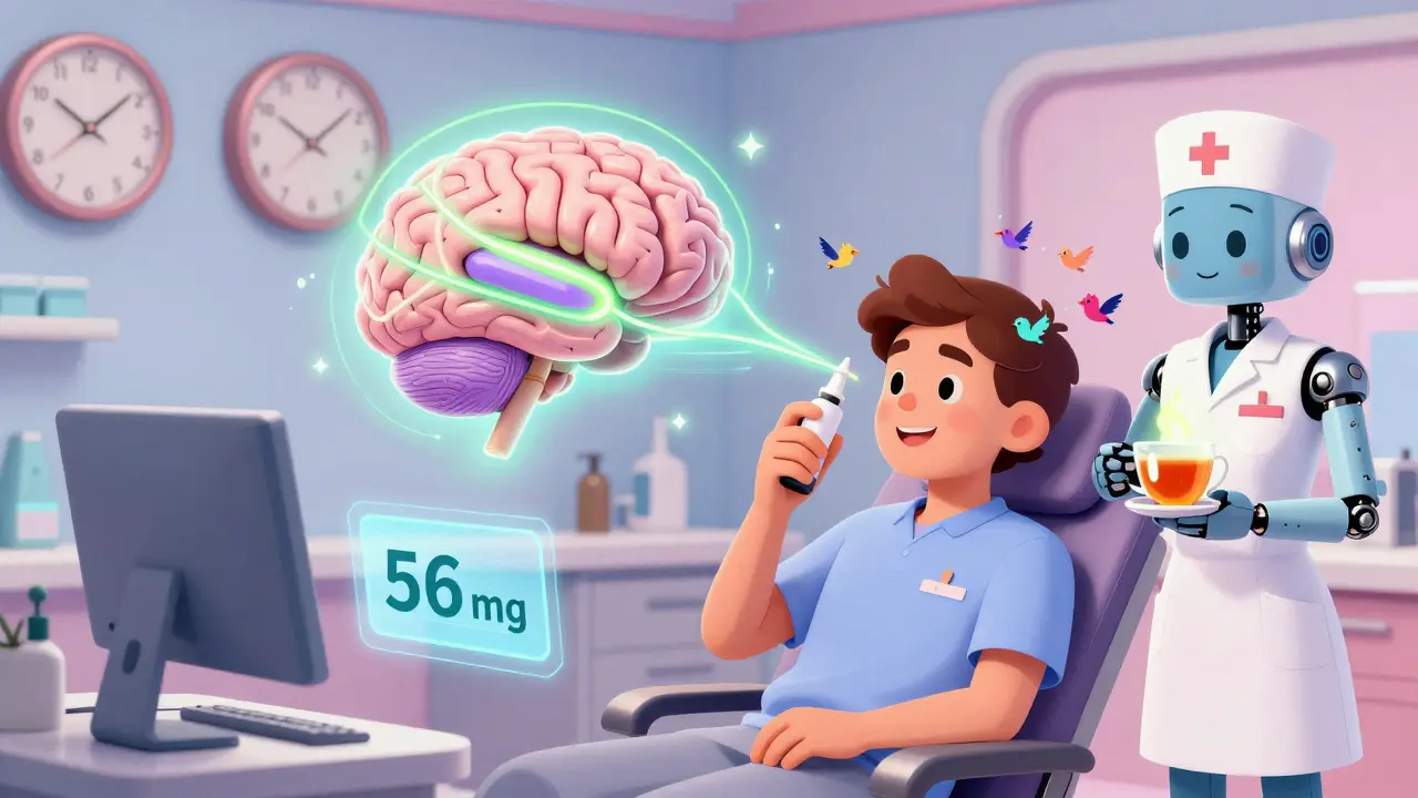 Person using nasal spray for esketamine in pastel clinic with floating brain and abstract birds of relief.