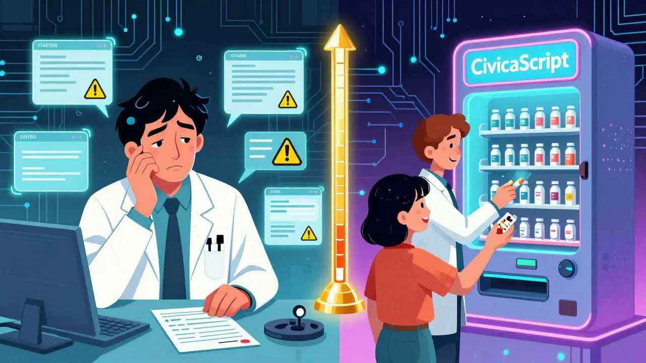 Physician torn between warning alerts and a rising bonus meter, with a patient receiving a generic pill from a futuristic machine.