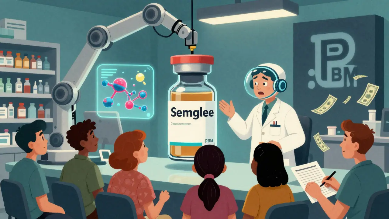 Robotic arms deliver a biosimilar vial as pharmacist educates patients with floating molecular animations.