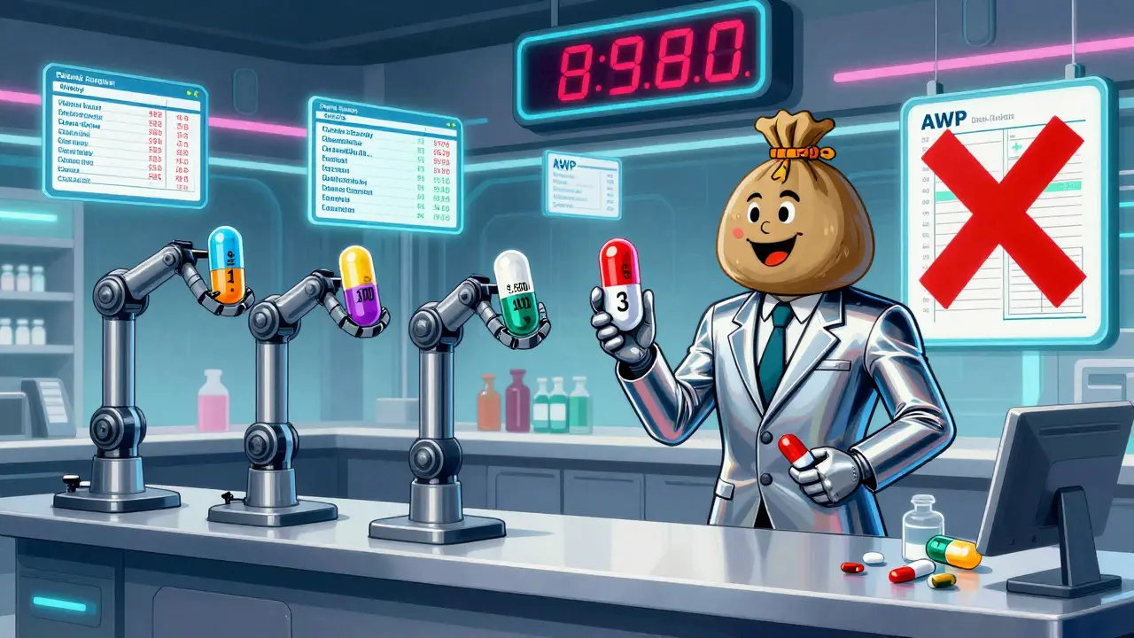 Robotic arms sort identical pills at different prices while a PBM with a money bag head profits from the gap.