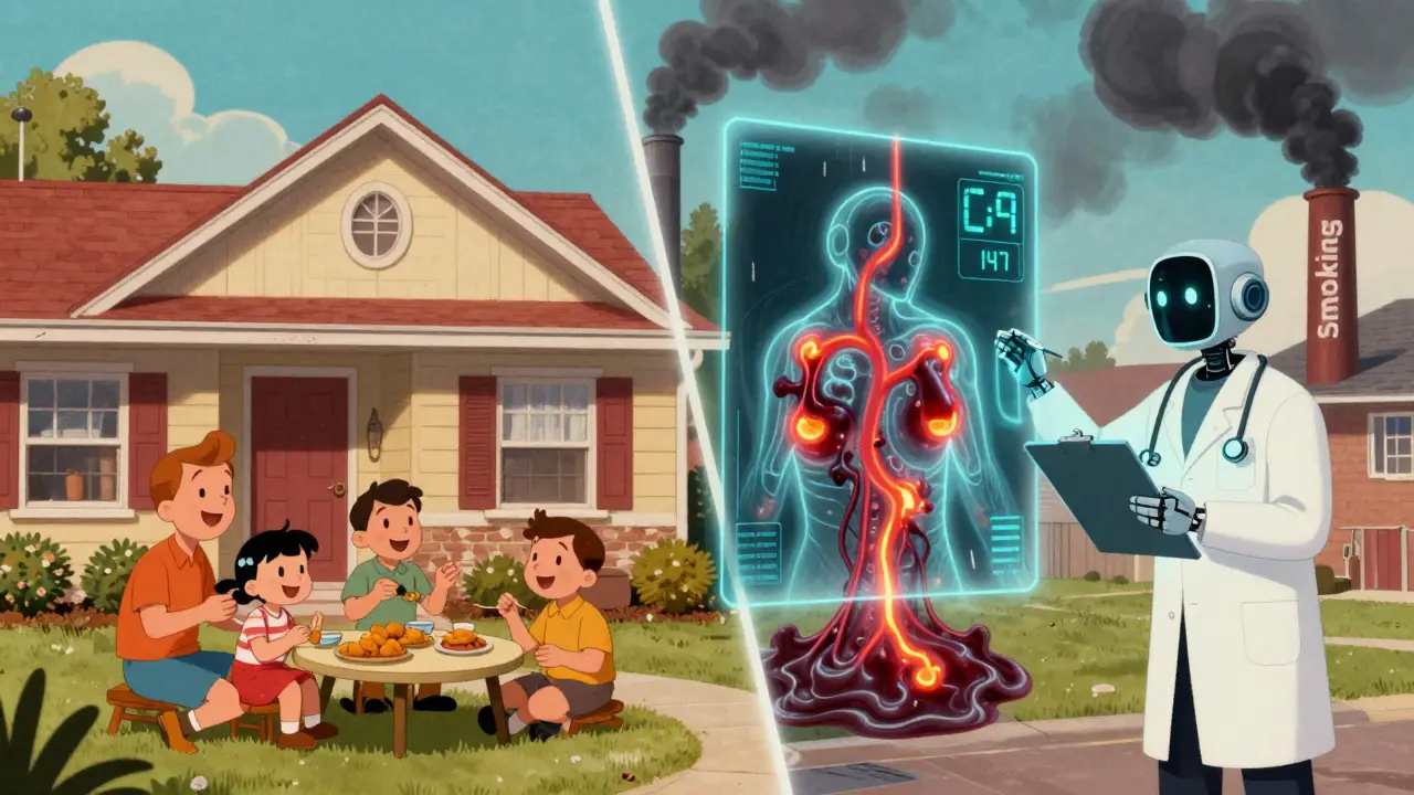 Split scene: 1950s family eating fried food vs. their clogged arteries shown as glowing sludge, with robotic doctor scanning CAC score.