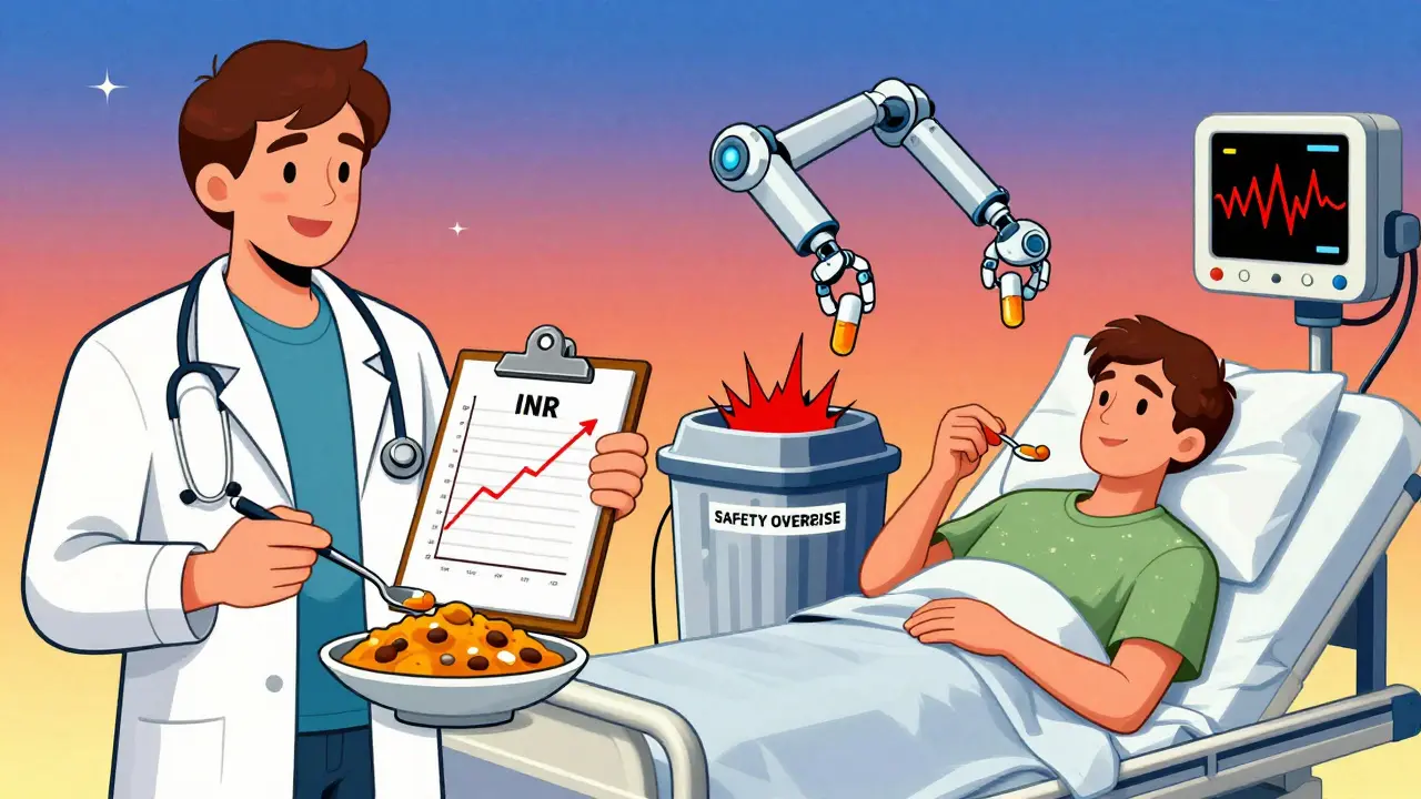 Split scene: healthy curry eater vs. hospitalized patient with chaotic monitors and a capsule being shredded.
