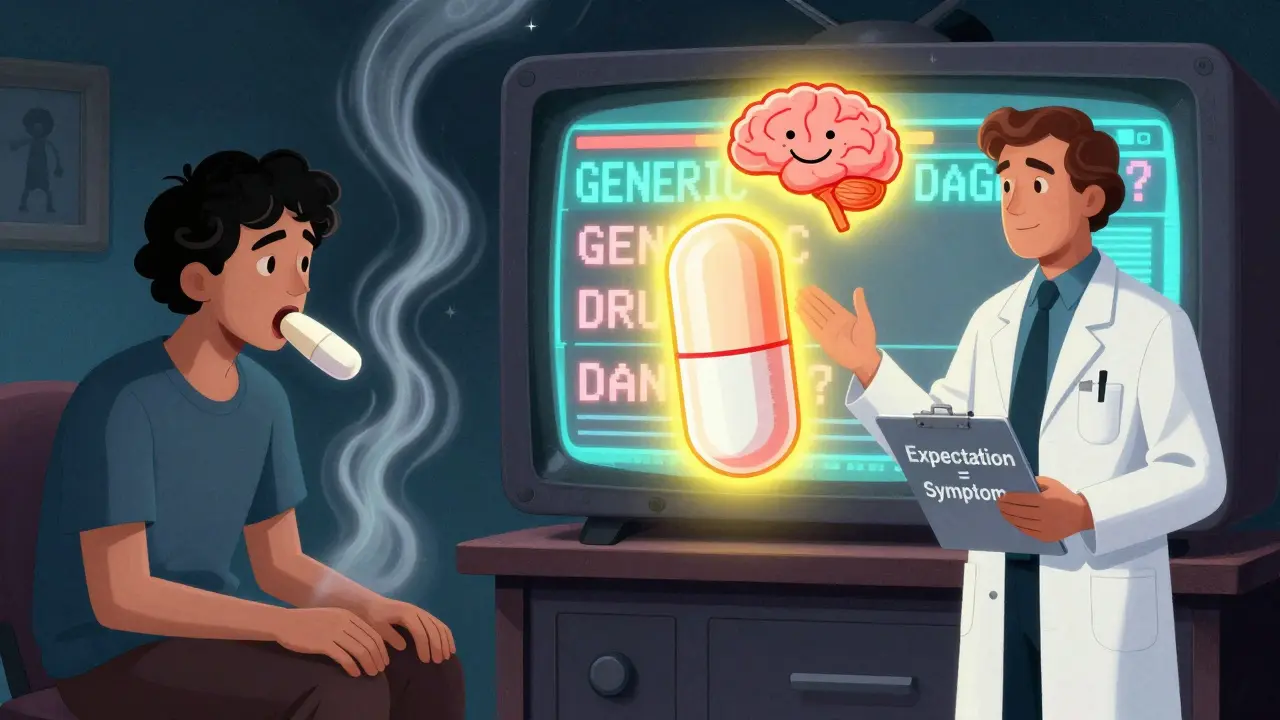 Split scene: one side shows fear of a generic pill, the other shows calm reassurance with a smiling brain and positive doctor body language.