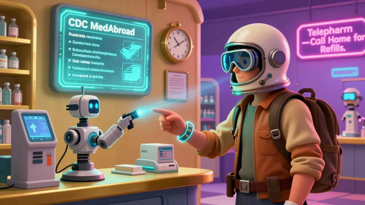 Traveler in space-age gear receiving medication from a robotic pharmacist under a telepharmacy hologram.