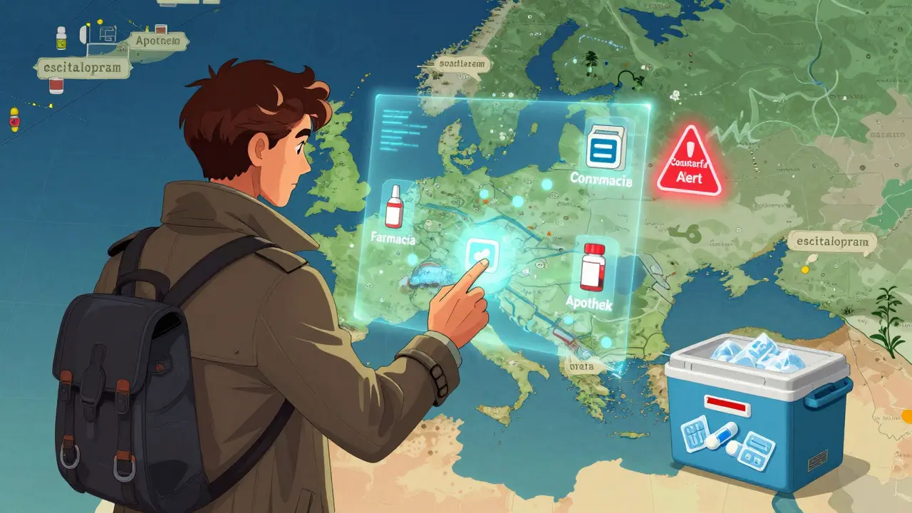 Traveler using a wrist-projected map to locate pharmacies worldwide, with counterfeit warnings nearby.