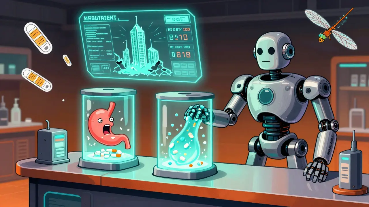 Two futuristic dispensers: one for pills causing stomach harm, another for topical gel soothing a joint, with holographic stats in retro-futuristic style.