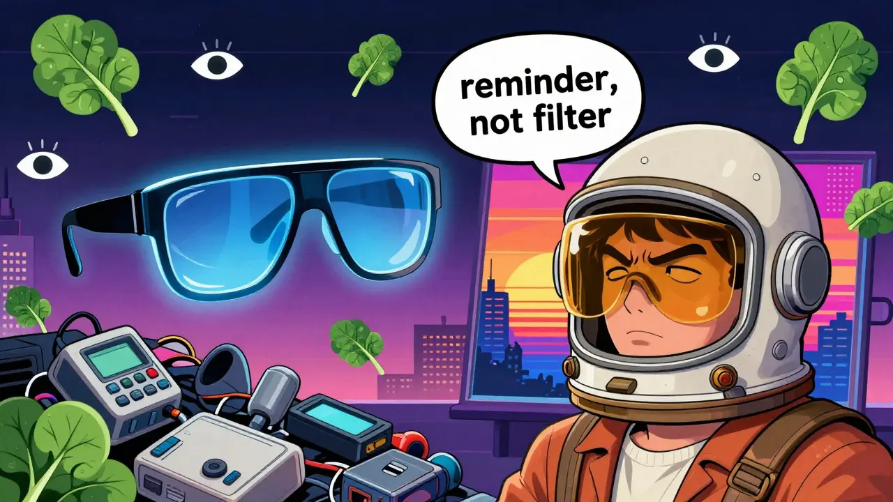 Two types of blue light glasses: one clear and useless, one amber-tinted and worn, beside floating spinach leaves and blinking eye icons.
