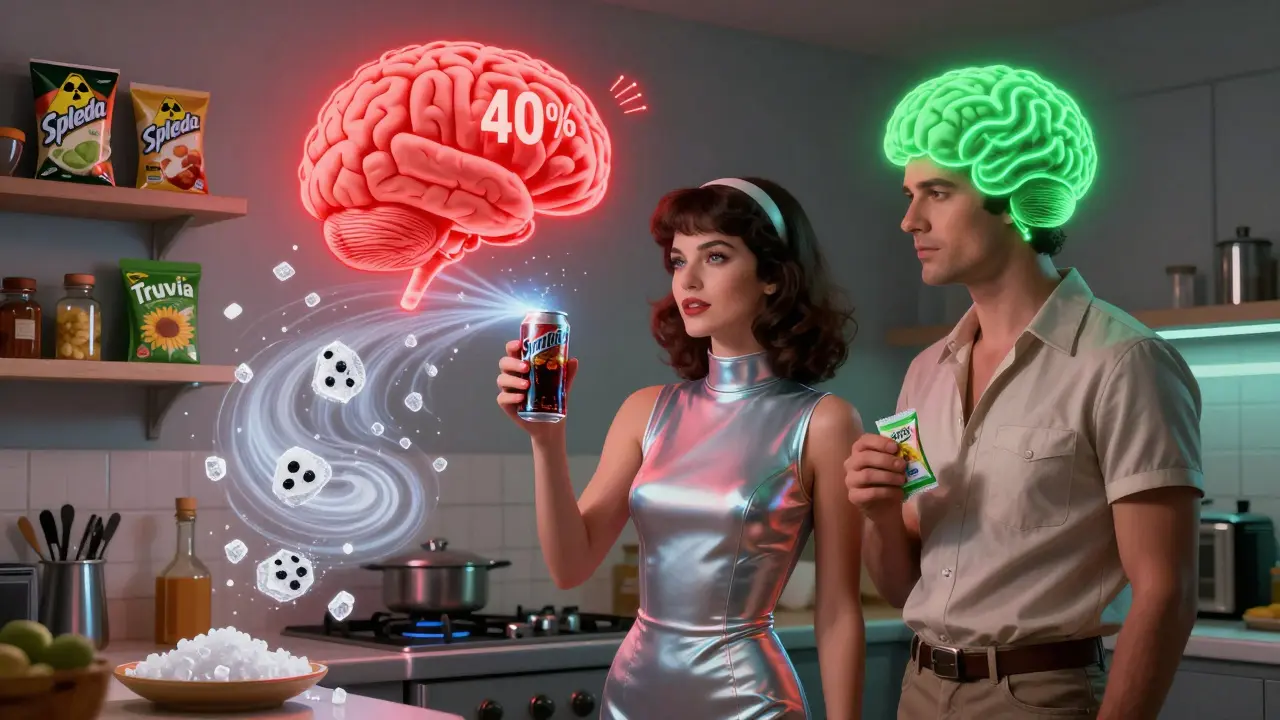Woman with diet soda causing intense hunger signals, compared to man with stevia and calm brain waves.