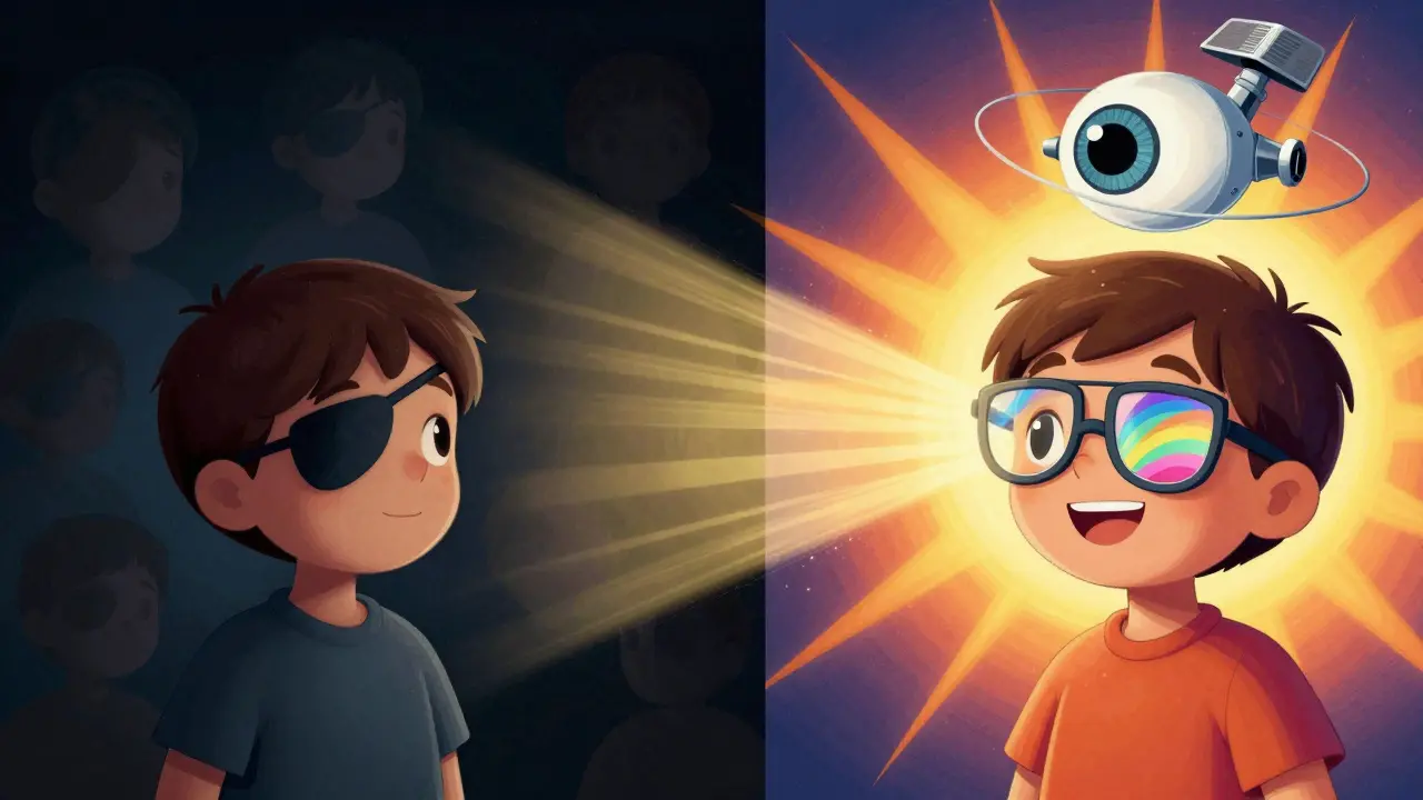A child contrasts blurred vision on one side with clear, colorful sight on the other, under a healing eye satellite.
