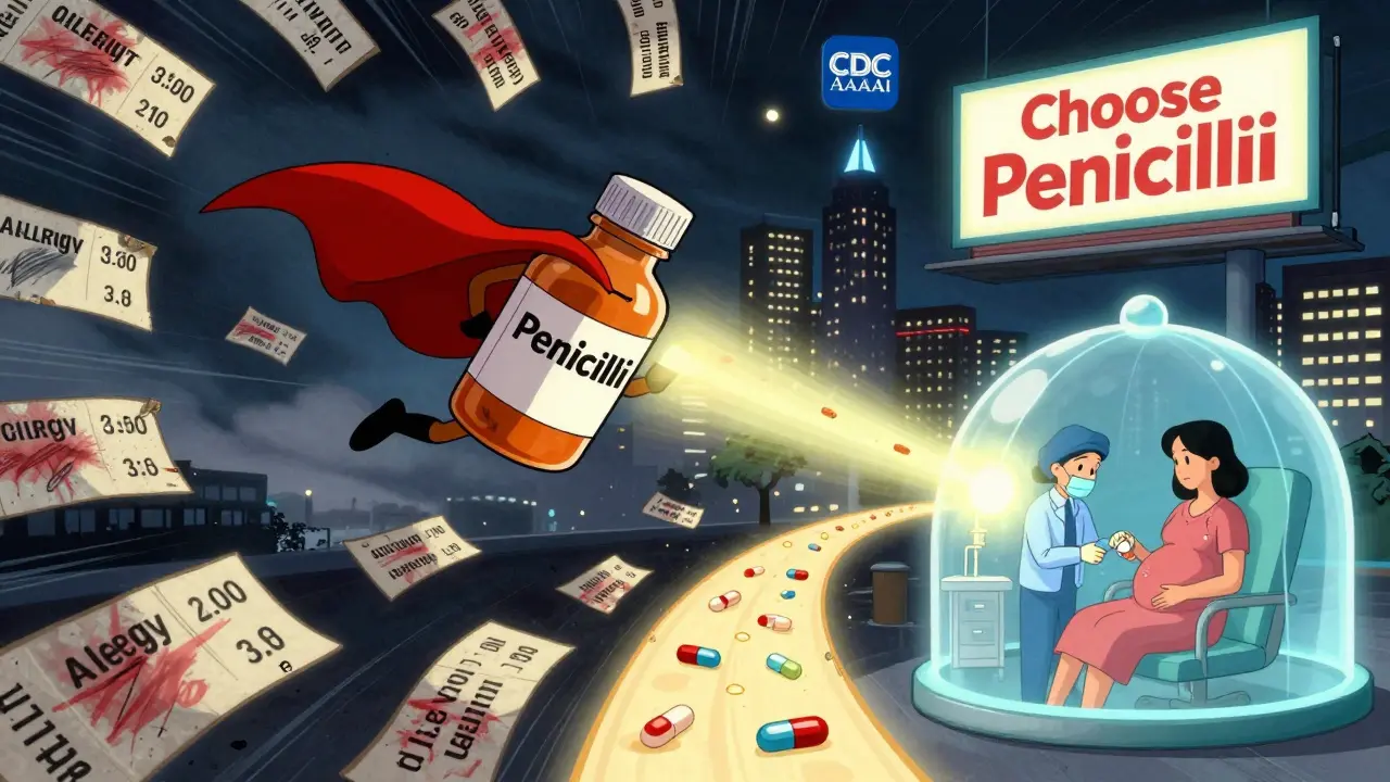 A heroic penicillin bottle defeats mislabeled allergy labels, guiding a pregnant woman to safe desensitization under a protective light dome.