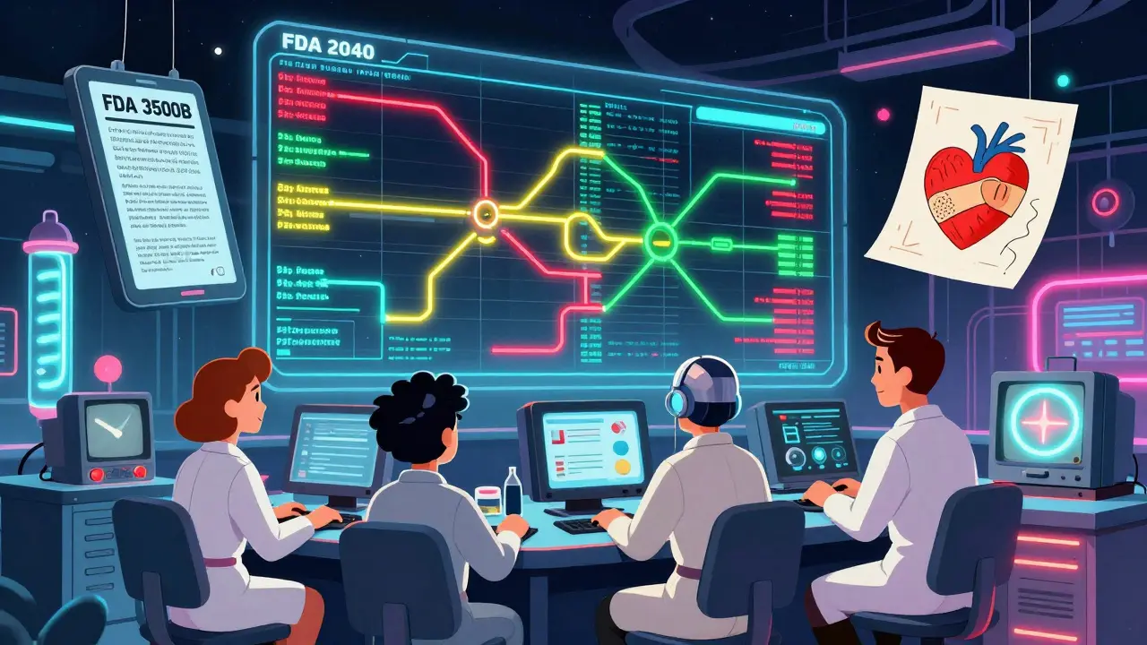 A neon-lit FDA control room with a 3D data wall tracking patient safety reports in retro-futuristic style.