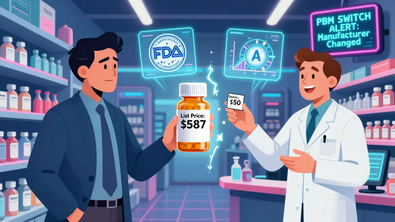 A patient facing two pill versions — corporate brand vs affordable generic — with floating FDA approval codes and switch alerts in retro-futuristic style.