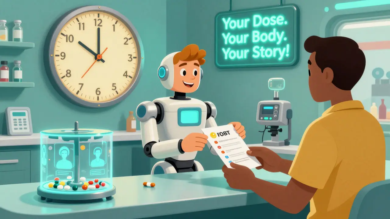 A patient hands medication list to a robot pharmacist at a futuristic pharmacy, with holographic health data and a neon sign about personalized dosing.
