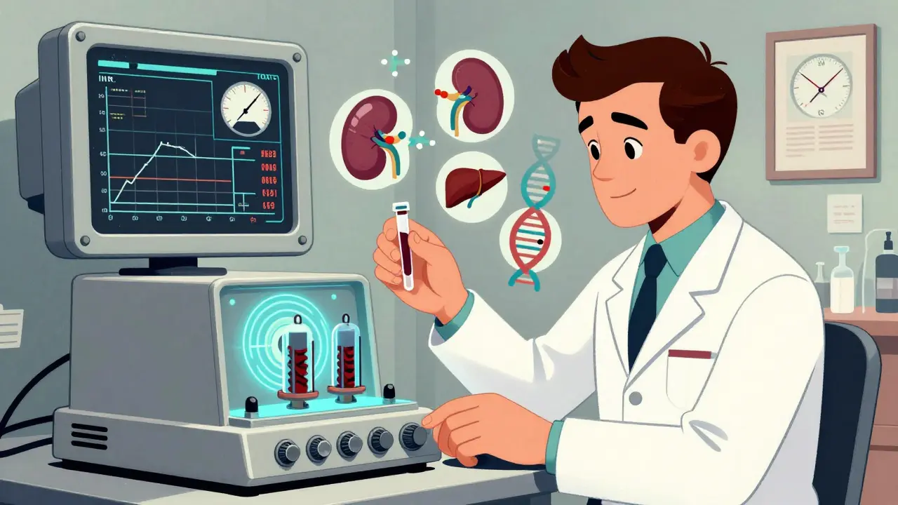 A pharmacist in a 1960s space-age lab uses analog computers to analyze drug metabolism through floating organ and DNA icons.
