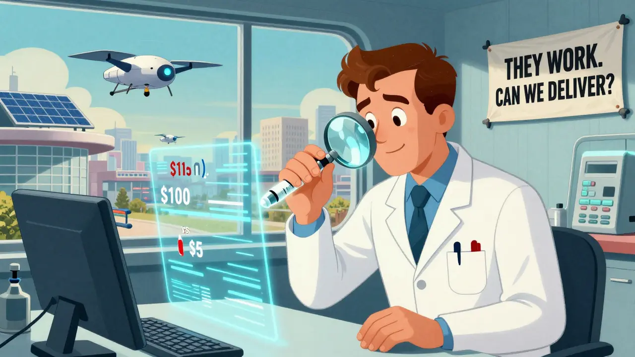 A physician examines a glowing generic insulin pen under a magnifier, surrounded by data streams comparing its cost to brand versions.