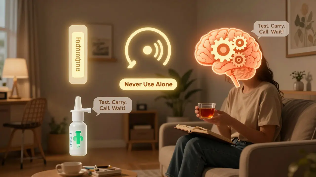 A safety plan with glowing icons for testing, naloxone, and support calls floating around a calm person