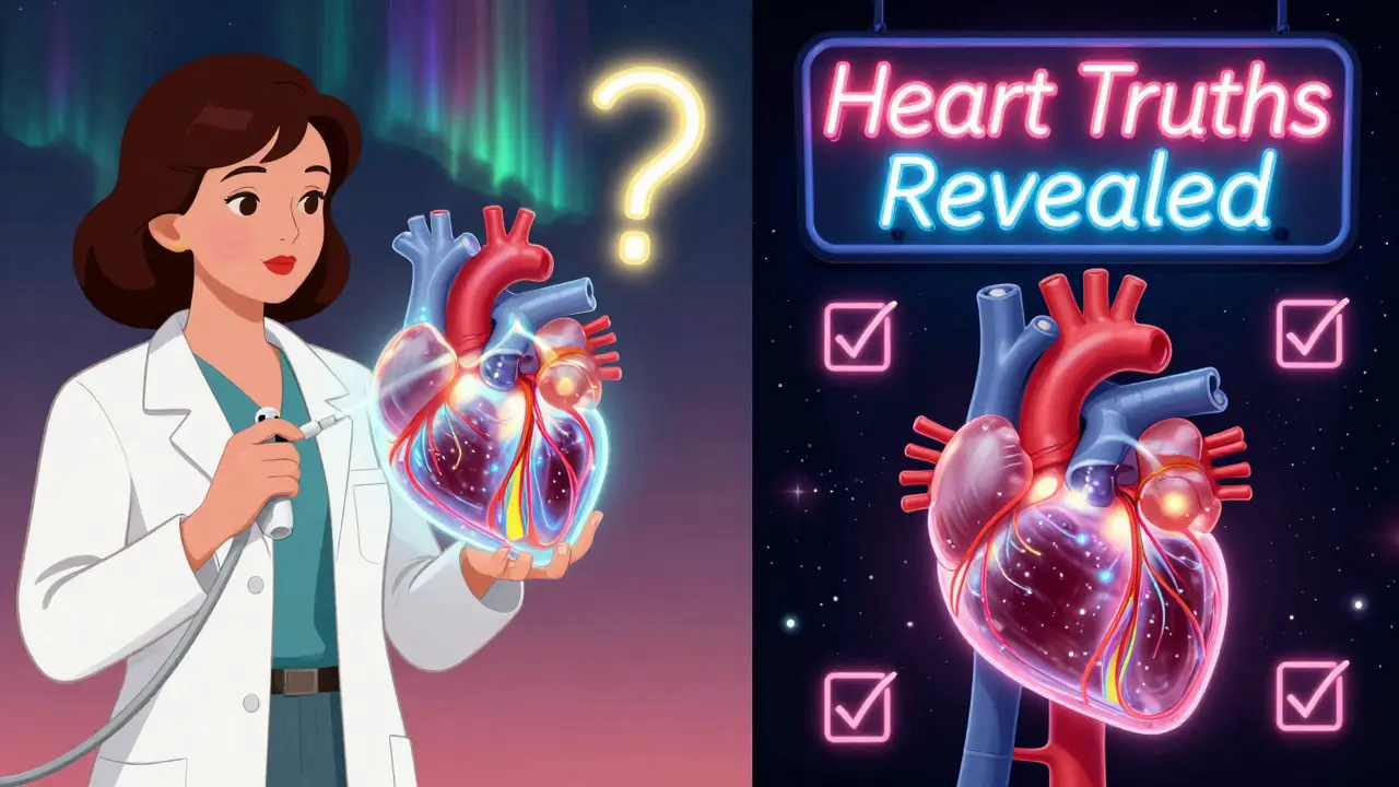 A woman using ultrasound on a transparent heart, with nuclear tracer trails glowing in cosmic colors.