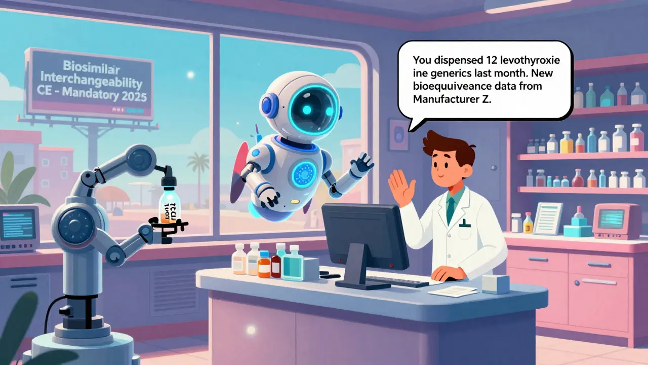 AI assistant whispers personalized alert to pharmacist as robotic arms dispense generics in a 2027 retro-futuristic pharmacy.