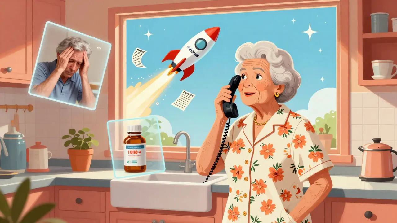 An elderly woman calling MedWatch from her kitchen as floating memories and a safety rocket appear around her.