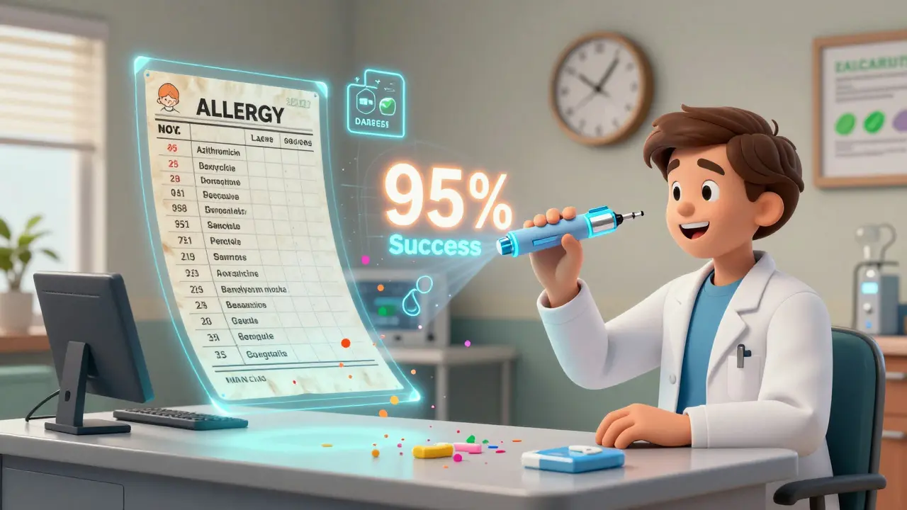 An old allergy chart dissolves as a modern allergist administers a skin test with a glowing pen, projecting a 95% success rate animation.