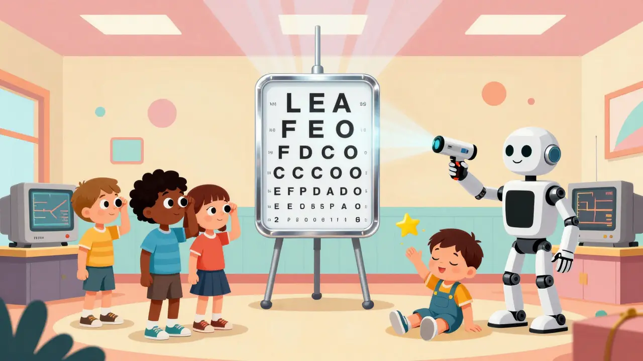 Children take a vision test in a colorful 1970s-style classroom with a glowing chart and a hovering scanner.