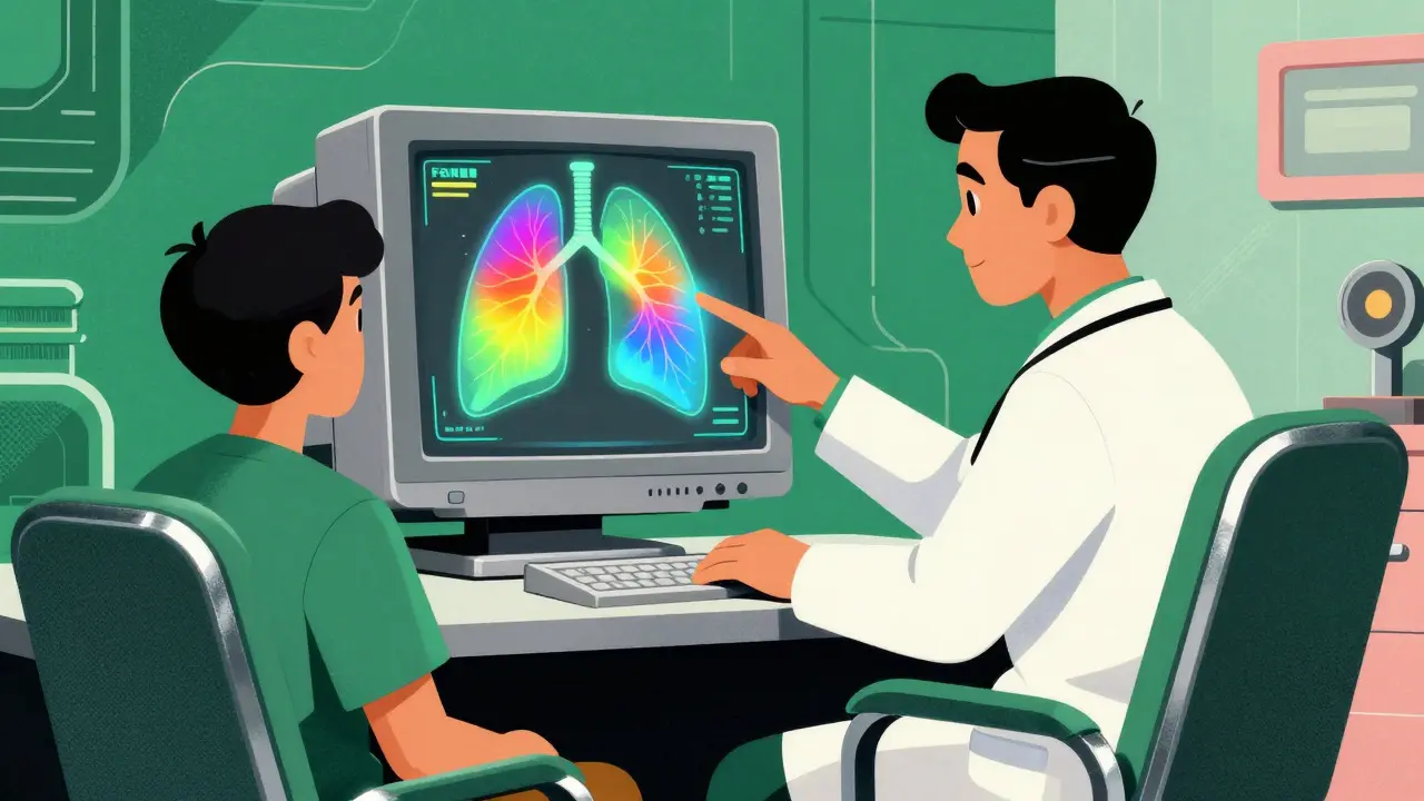 Doctor reviewing FeNO results with lung health visualization on monitor