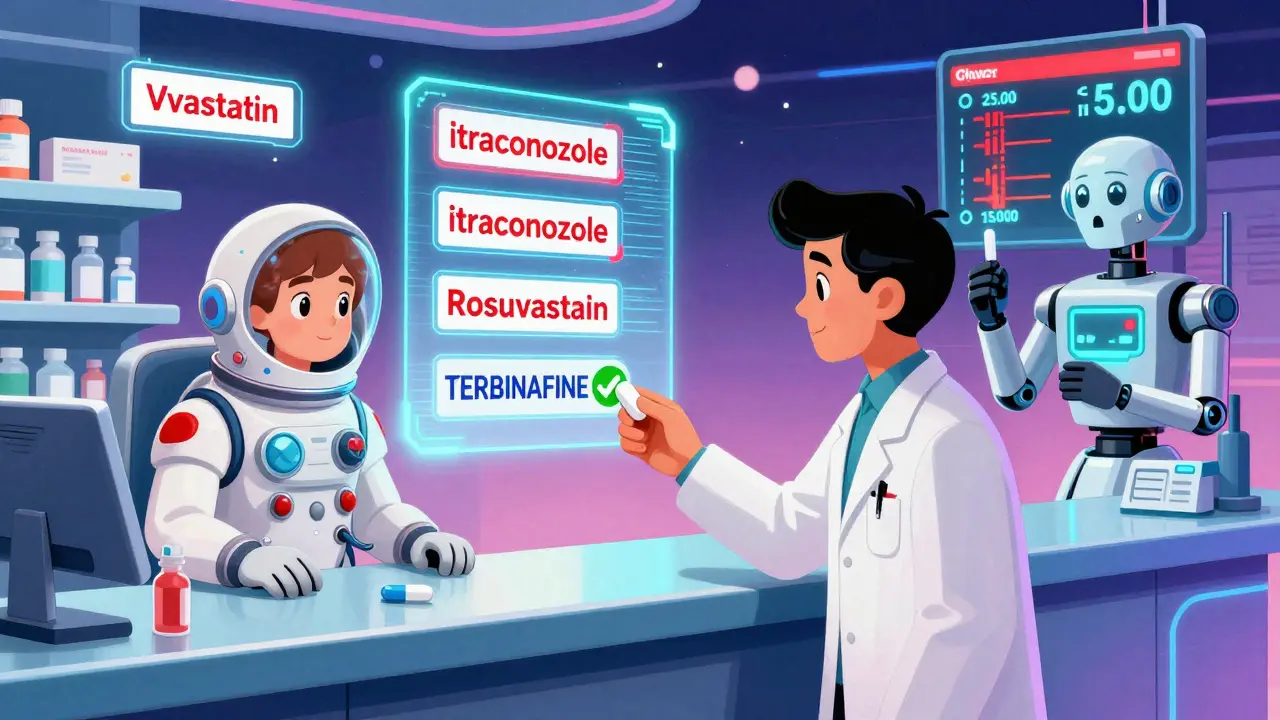 Holographic drug labels at a futuristic pharmacy with a patient receiving safe antifungal treatment
