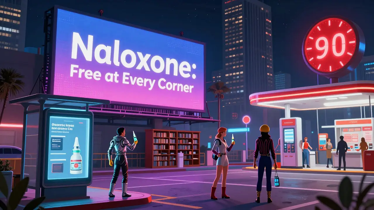People distributing naloxone nasal sprays at public locations in a retro-futuristic city