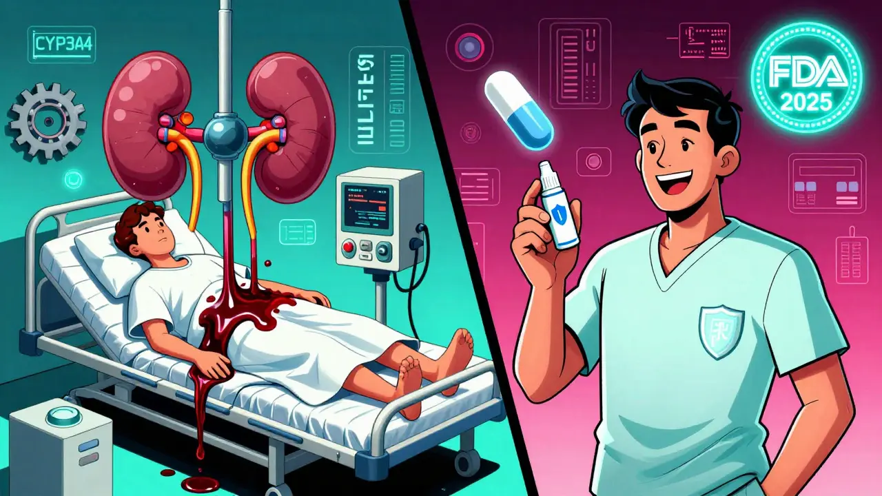 Split scene: patient in crisis vs. patient safe with topical treatment, in retro-futuristic medical aesthetic