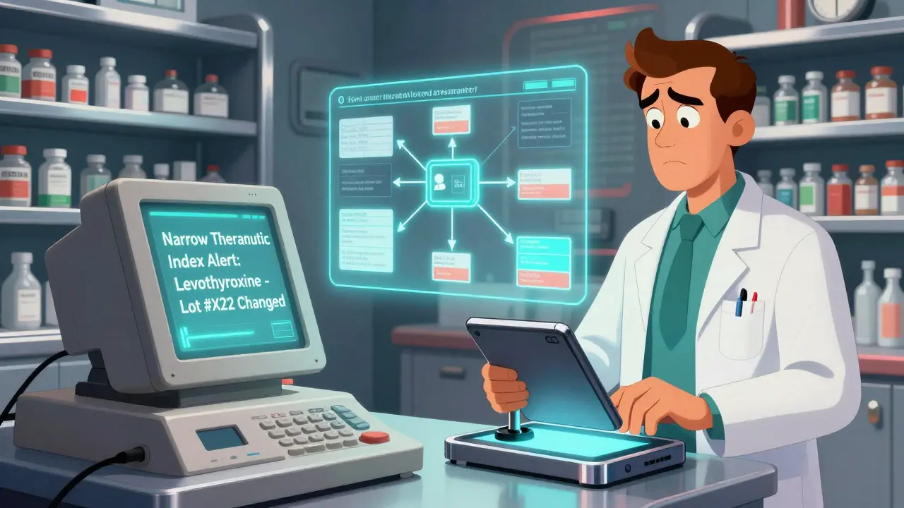 Split scene: pharmacist confused by analog terminal vs. confident using glowing decision-tree tablet in retro-futuristic pharmacy.