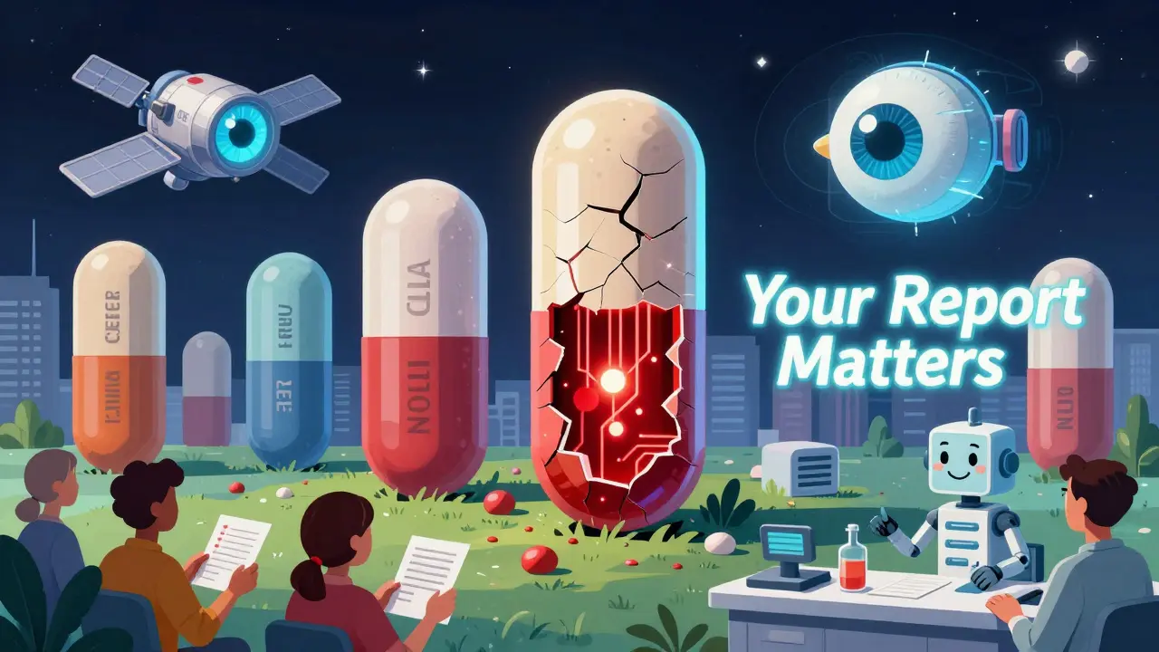 A city made of giant generic drug tablets, one cracking open to reveal a flaw, while an AI eye scans from a satellite and patients submit reports to a robot pharmacist.