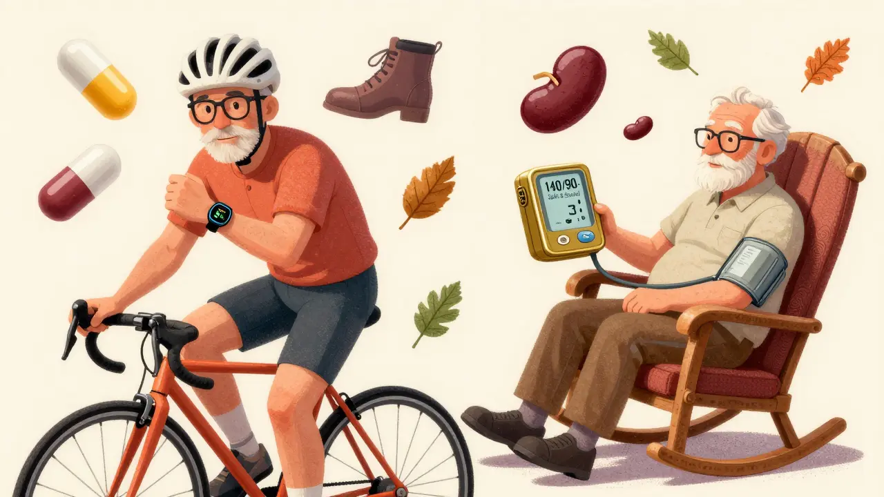 A cyclist and elderly man side by side, each with their own blood pressure target and lifestyle icons floating around them.