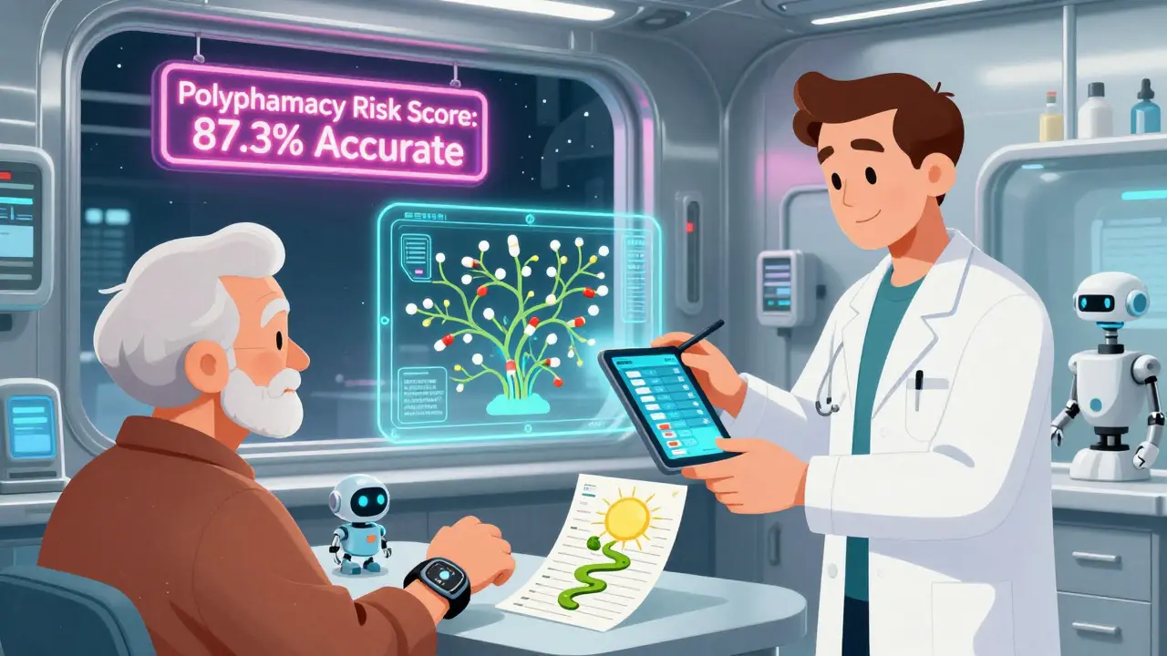 A pharmacist scans a patient's wristband to reveal a holographic medication history being simplified into a safe path.