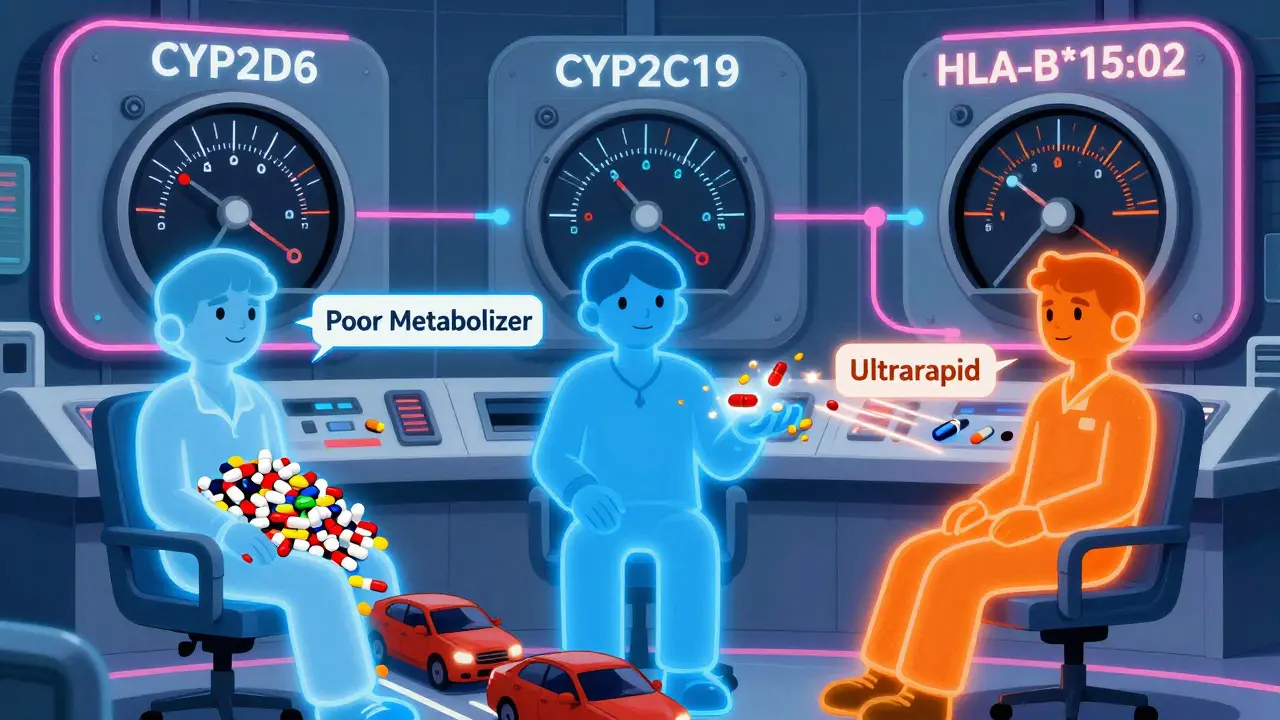 A retro-futuristic hospital control room with gene enzyme dials and patient avatars showing different drug processing rates.