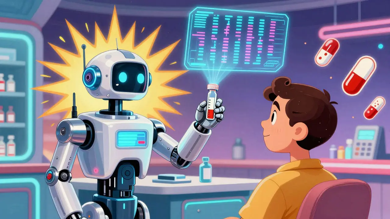 A robot administering a genetic test that projects a hologram of drug interactions based on a patient's DNA.