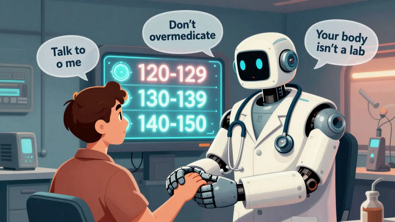 A robot doctor and patient in a futuristic clinic with age-based blood pressure targets glowing on a neon wall.