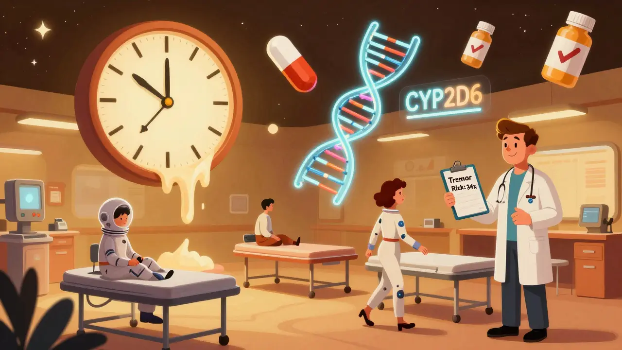 A surreal clinic with floating medical icons including DNA helix, pill, and clock, symbolizing personalized tremor risk reversal.