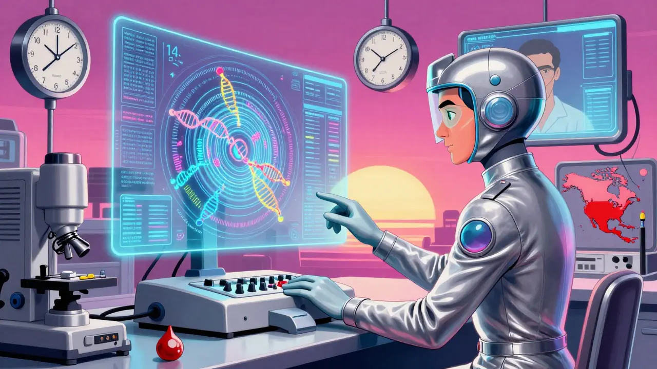 A technician analyzing a 50+ marker panel on a hologram, with a countdown clock and access map in retro-futuristic style.