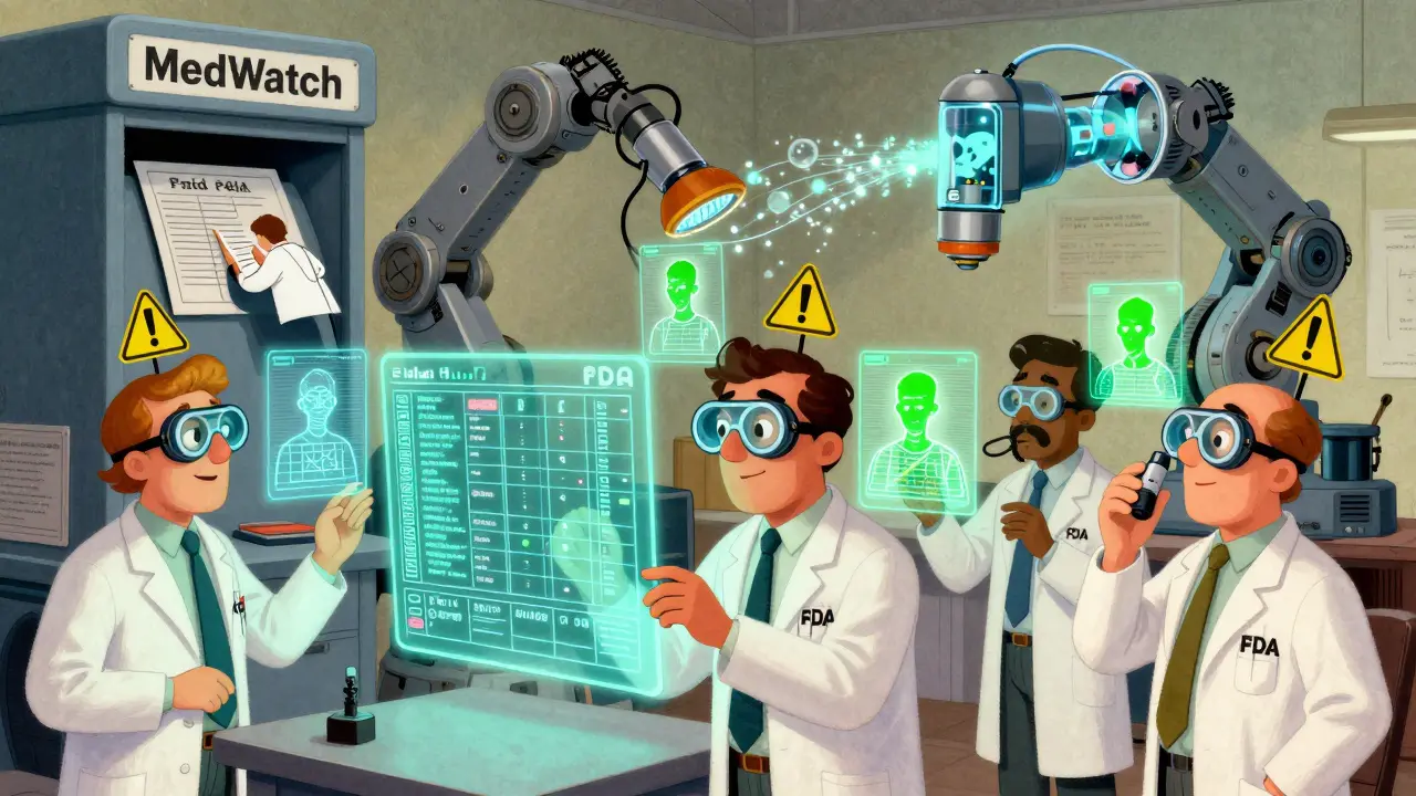 FDA scientists analyzing holographic patient data streams with a MedWatch mail chute in the background and a transparent inhaler glowing with internal particles.