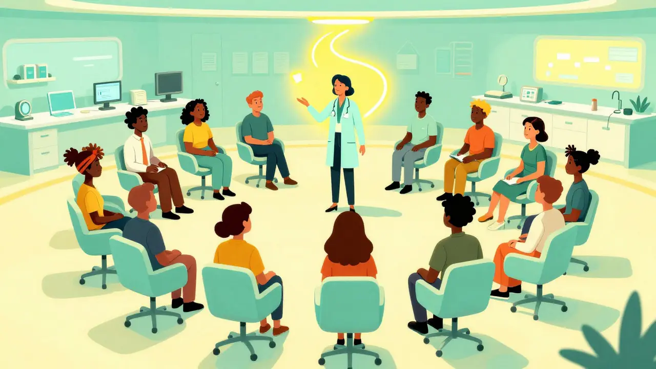 Group therapy session with people in floating chairs and a therapist.