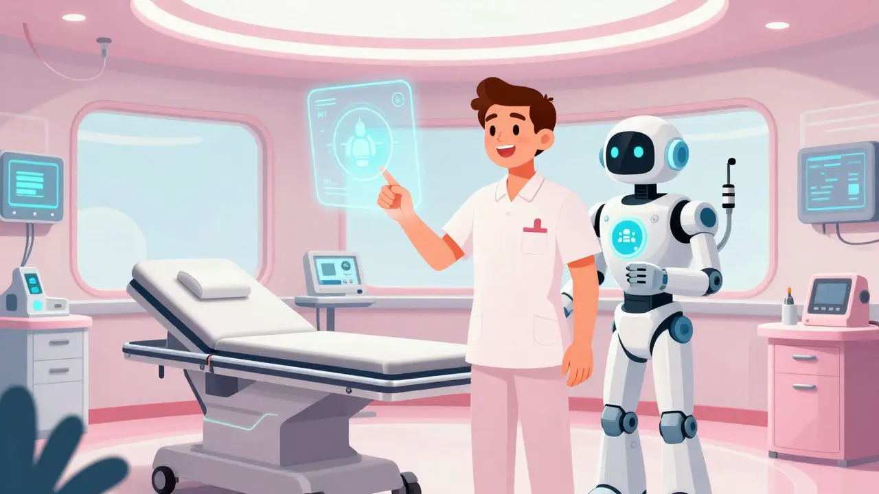Healthy patient with robot nurse in paperless medical room