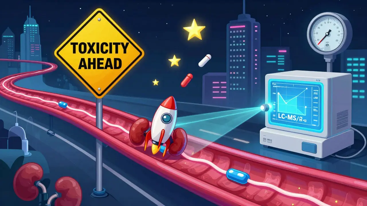 Neon bloodstream with cyclosporine rockets entering kidneys, warning signs, and an LC-MS/MS scanner analyzing flow.