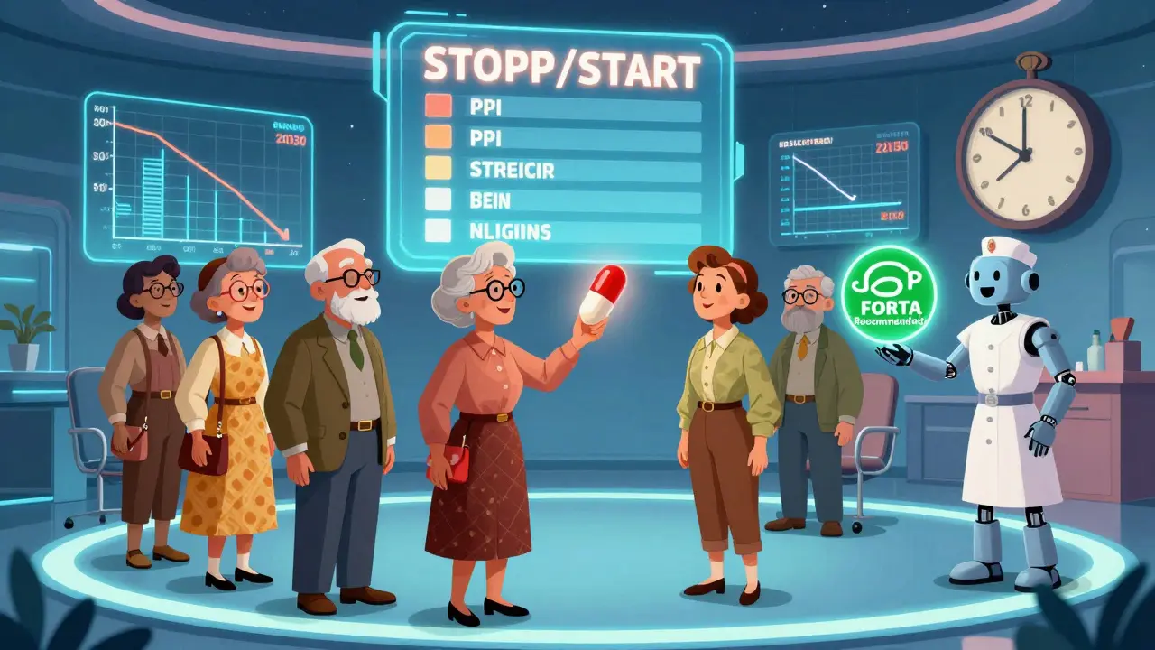 Older adults in retro-futuristic attire consult with a robotic nurse as a STOPP/START checklist reduces dangerous meds.