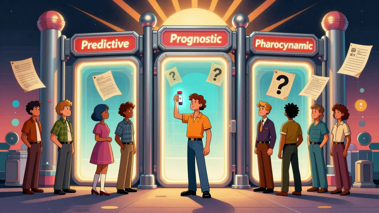 Patients approaching a glowing gate with three biomarker portals, some blocked, in retro-futuristic illustration.