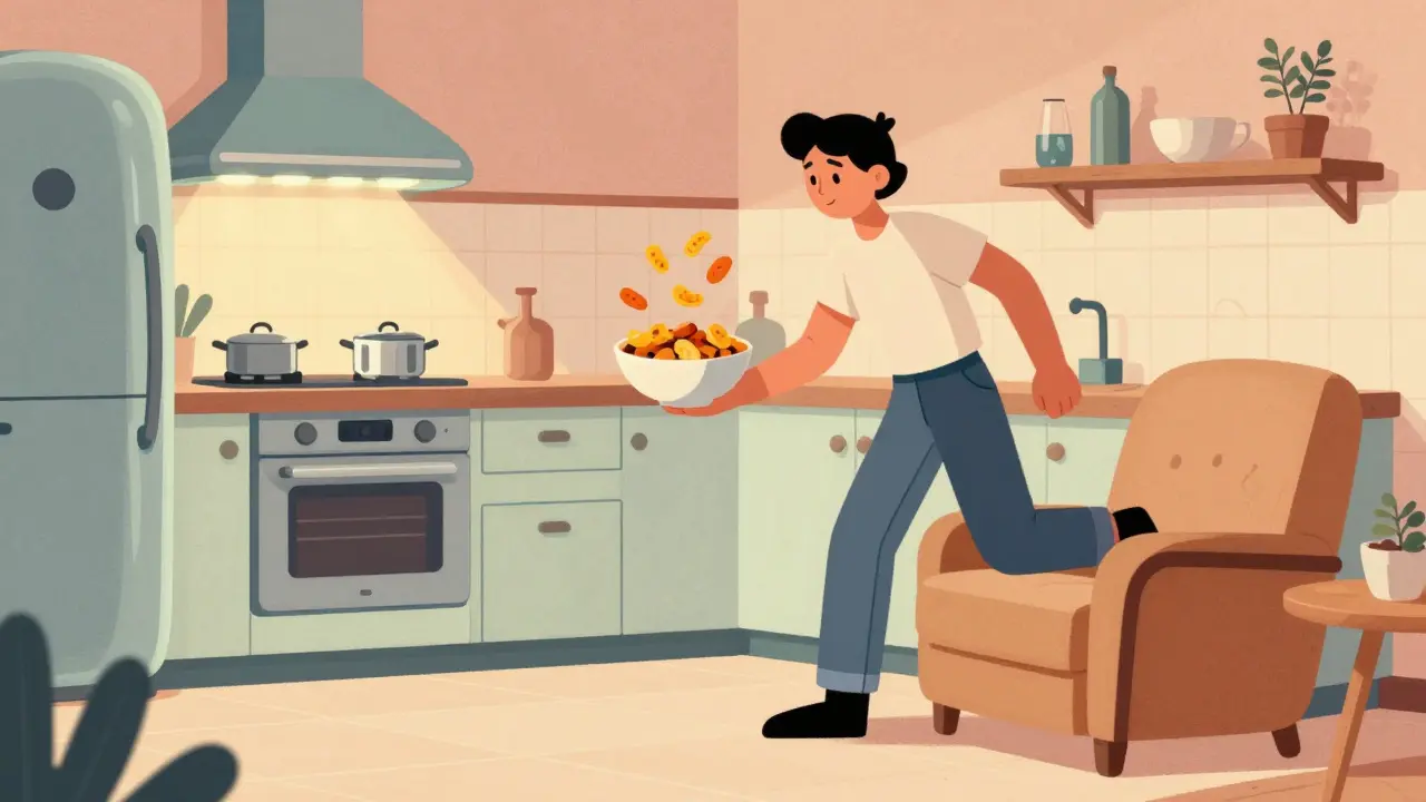 Person moving snacks away from lounge chair in a streamlined kitchen.