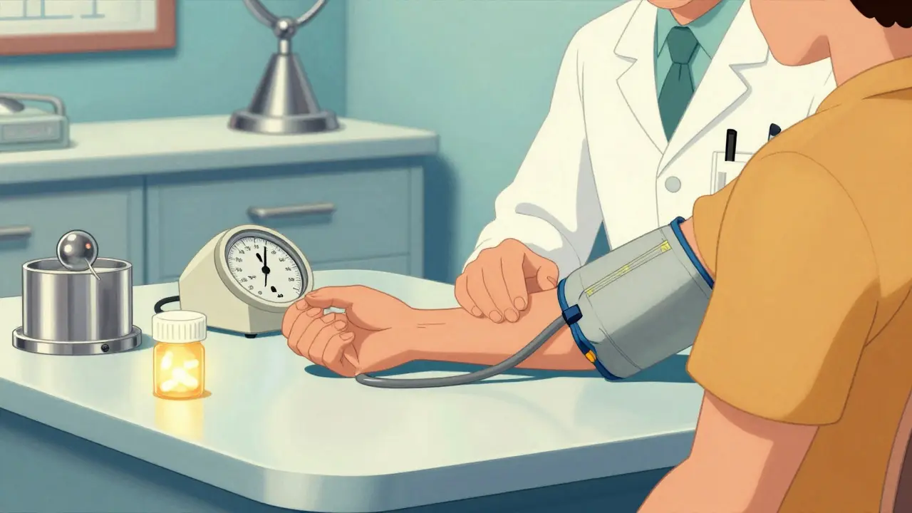 Retro-future patient checking blood pressure monitor next to medication bottle.