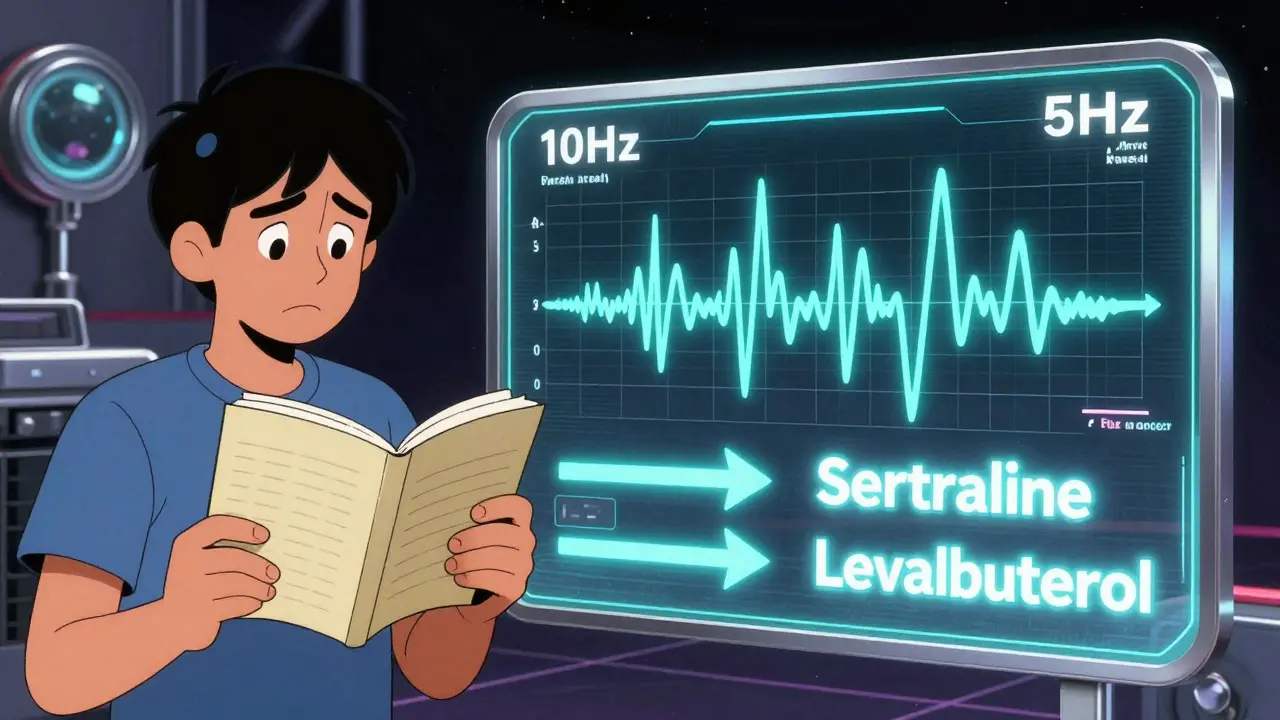 Split-screen showing a symptom journal and a hologram comparing tremor frequencies with alternative medications.