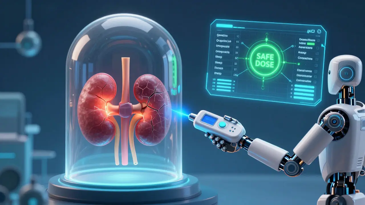 Transparent human body with a damaged kidney, a point-of-care device adjusting dose, and AI data streams guiding safety.