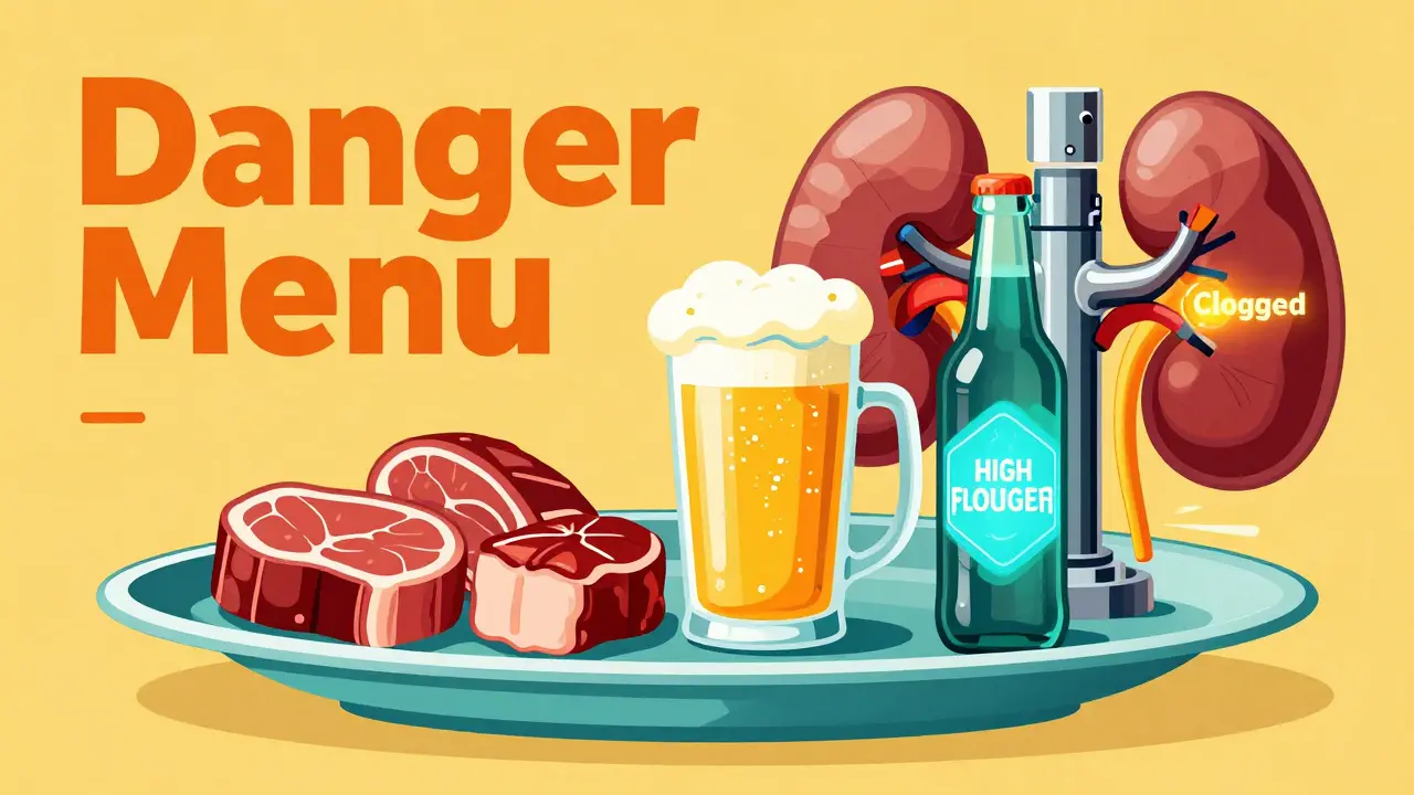 A collection of gout triggers like beer and organ meats depicted as futuristic objects.