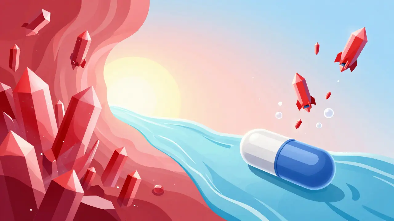 A conceptual illustration showing gout crystals dissolving and a medicine capsule in a stream of water.